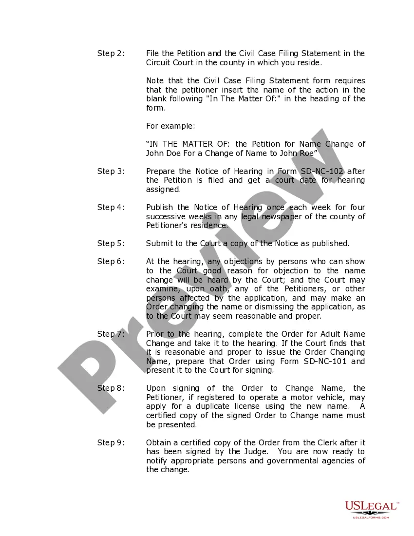 Preview South Dakota Name Change Instructions and Forms Package for an Adult