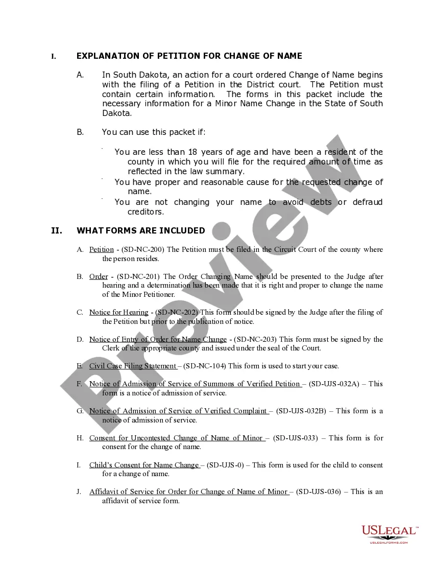 Preview South Dakota Name Change Instructions and Forms Package for a Minor