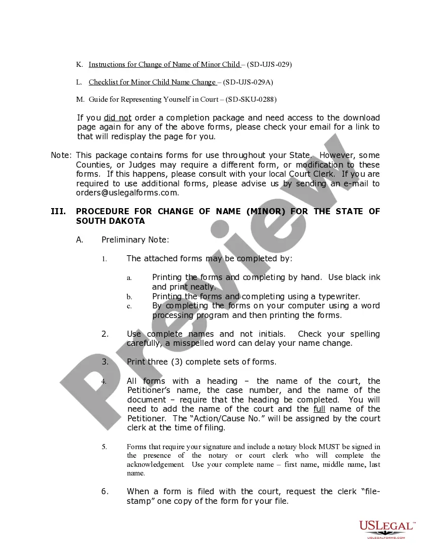 Preview South Dakota Name Change Instructions and Forms Package for a Minor