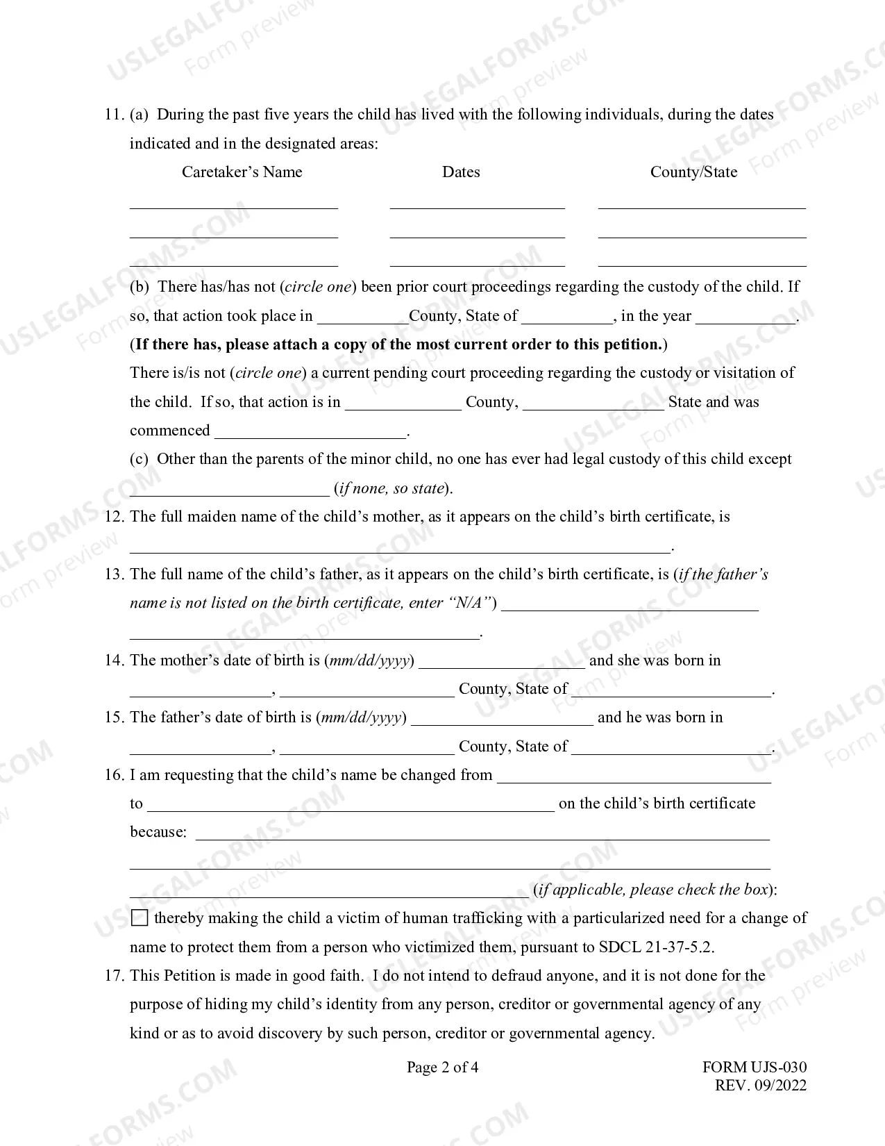 Preview Petition for Name Change of Minor Child