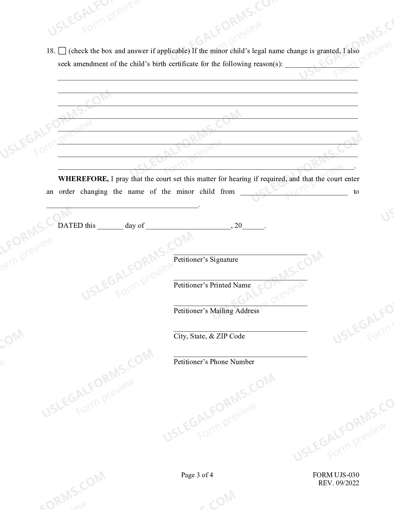 Preview Petition for Name Change of Minor Child
