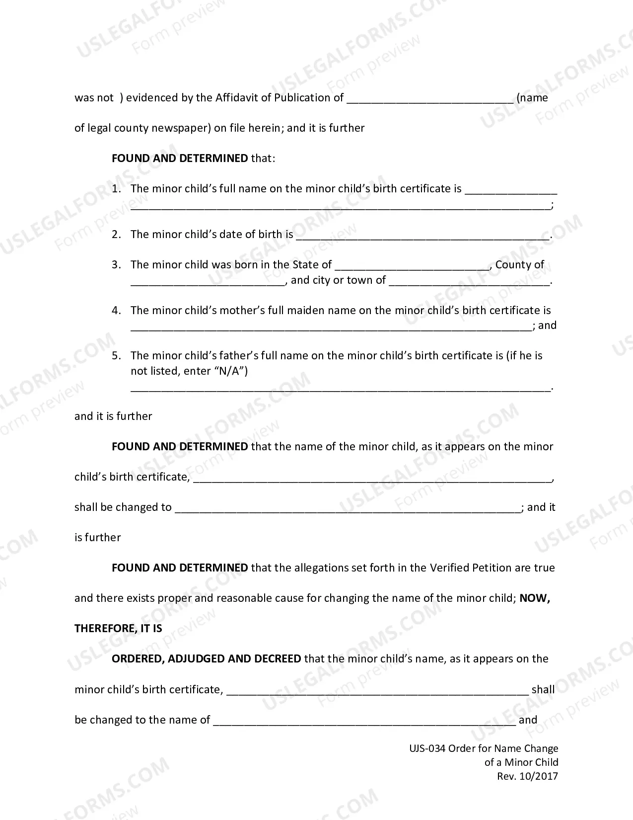 Preview Order for Name Change of a Minor Child