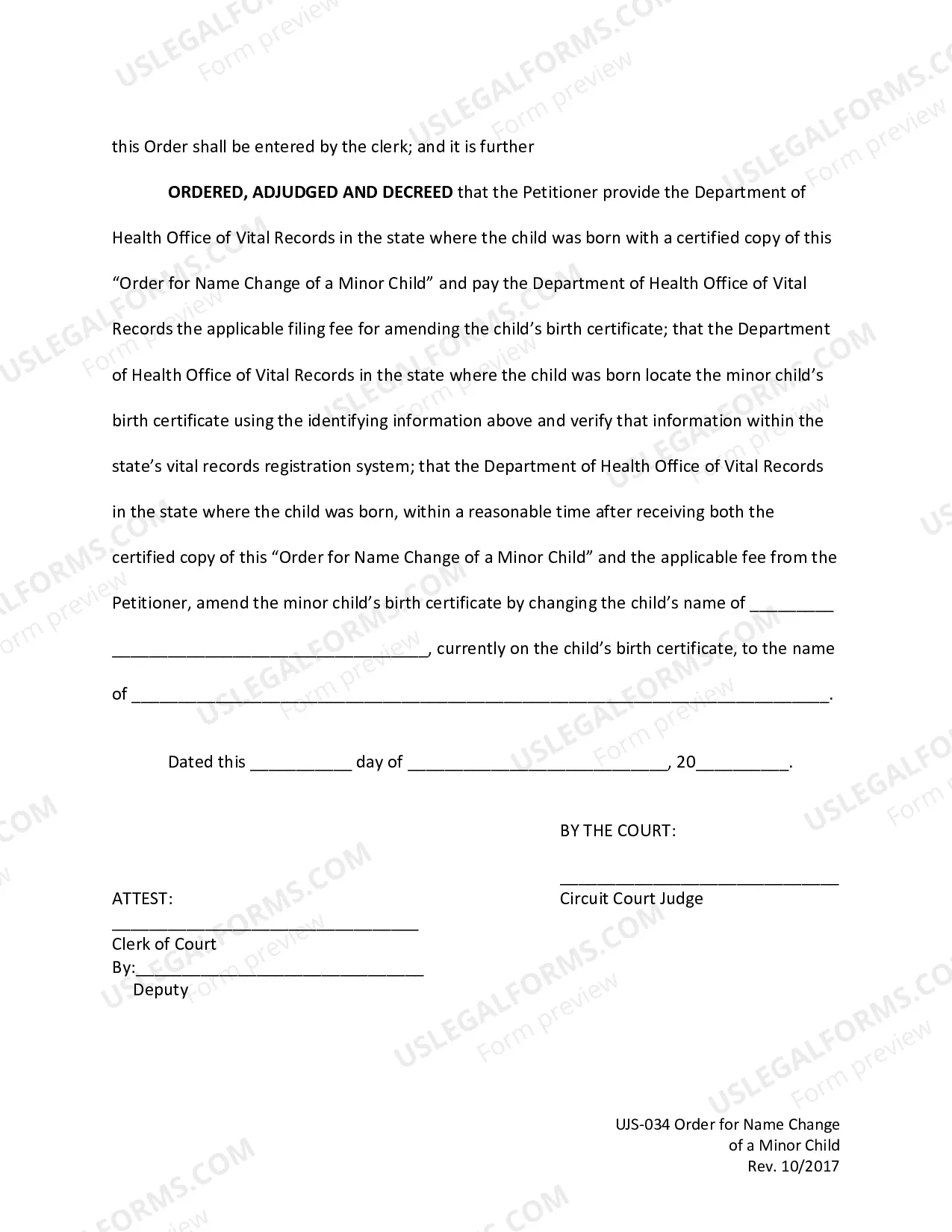 Preview Order for Name Change of a Minor Child