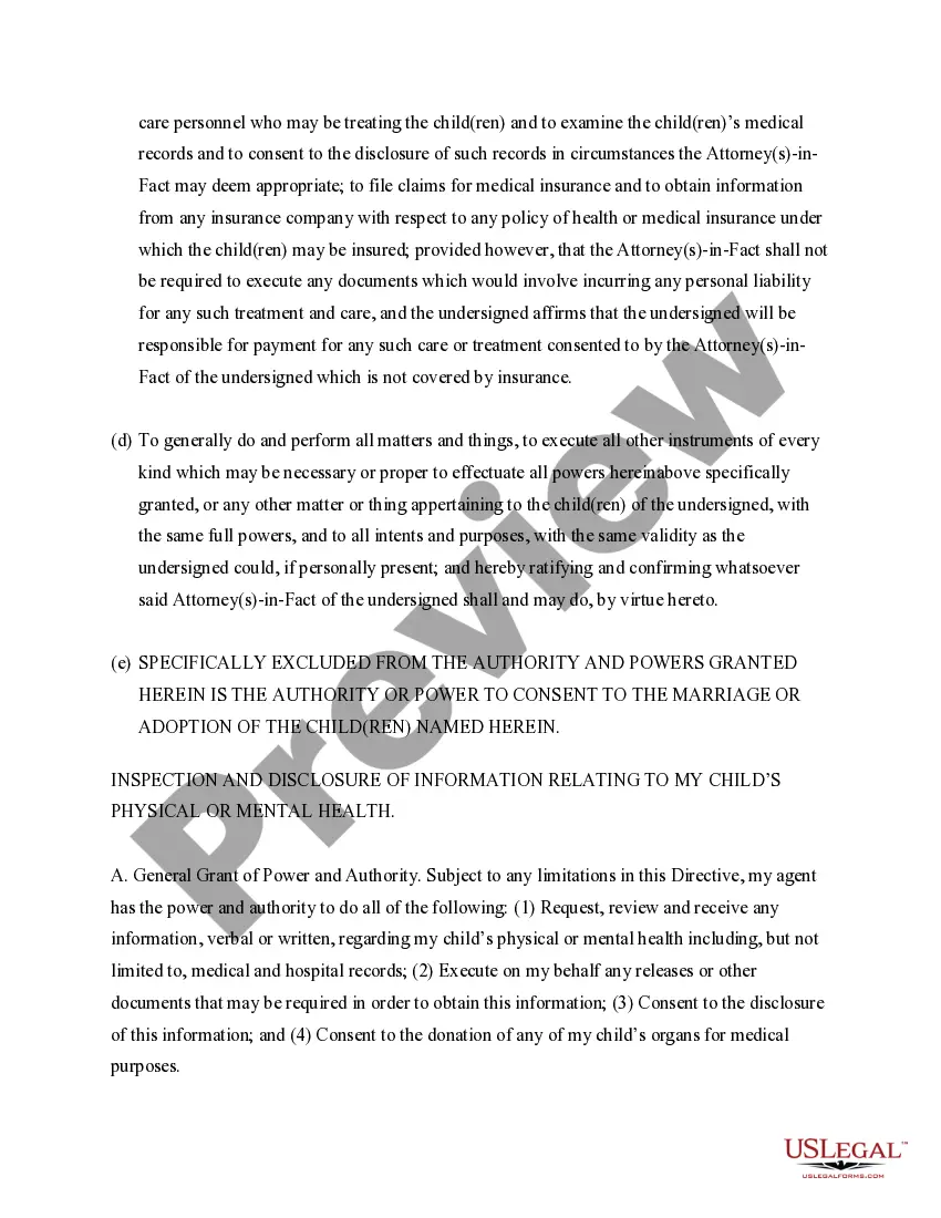 Preview General Power of Attorney for Care and Custody of Child or Children
