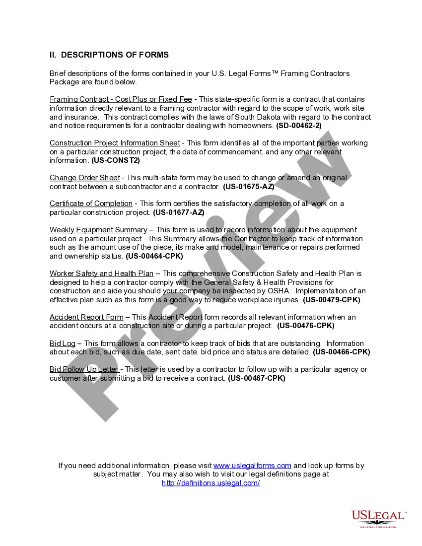 Get South Dakota Framing Contractor Package Preview South Dakota Framing Contractor Package