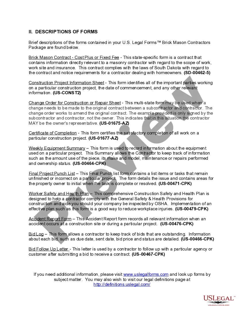 Preview South Dakota Brick Mason Contractor Package