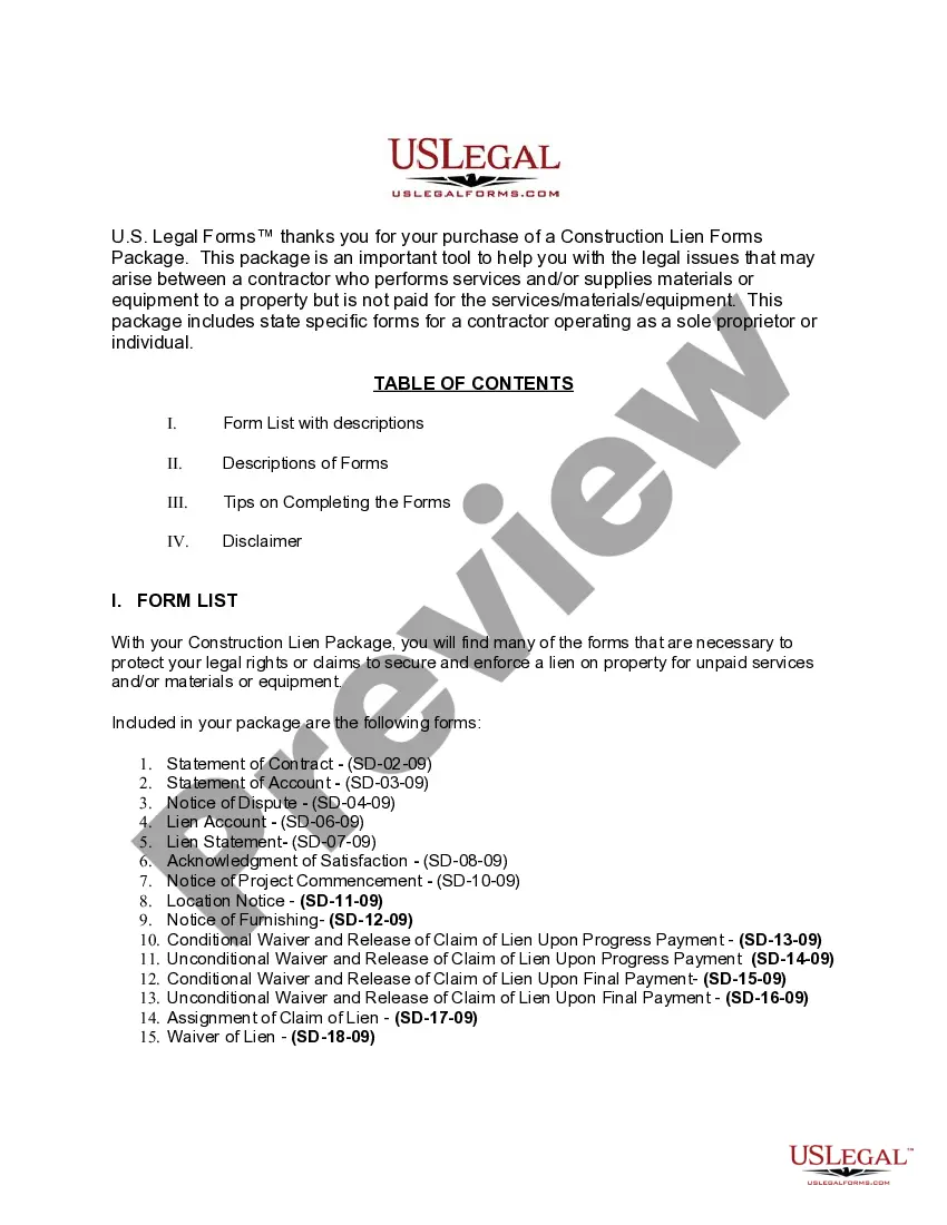 Preview South Dakota Construction or Mechanics Lien Package - Individual