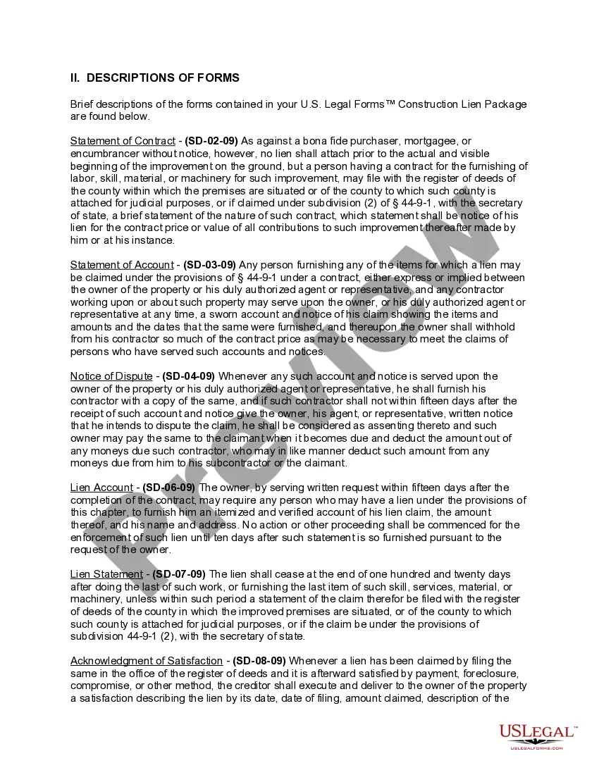 Preview South Dakota Construction or Mechanics Lien Package - Individual