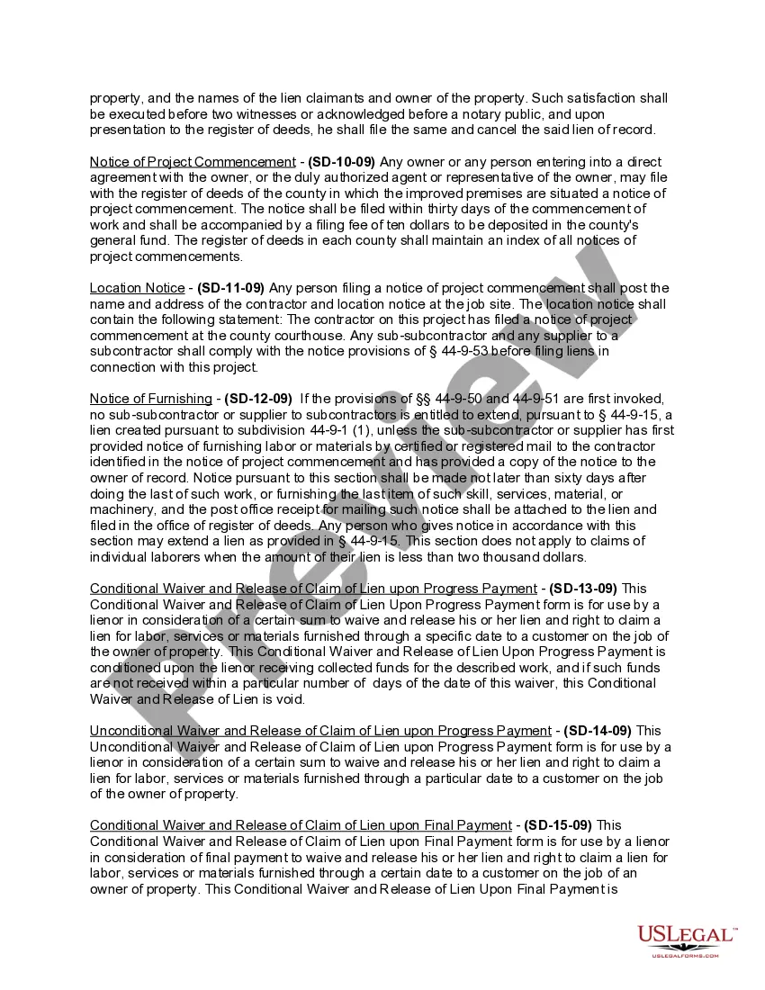 Preview South Dakota Construction or Mechanics Lien Package - Individual