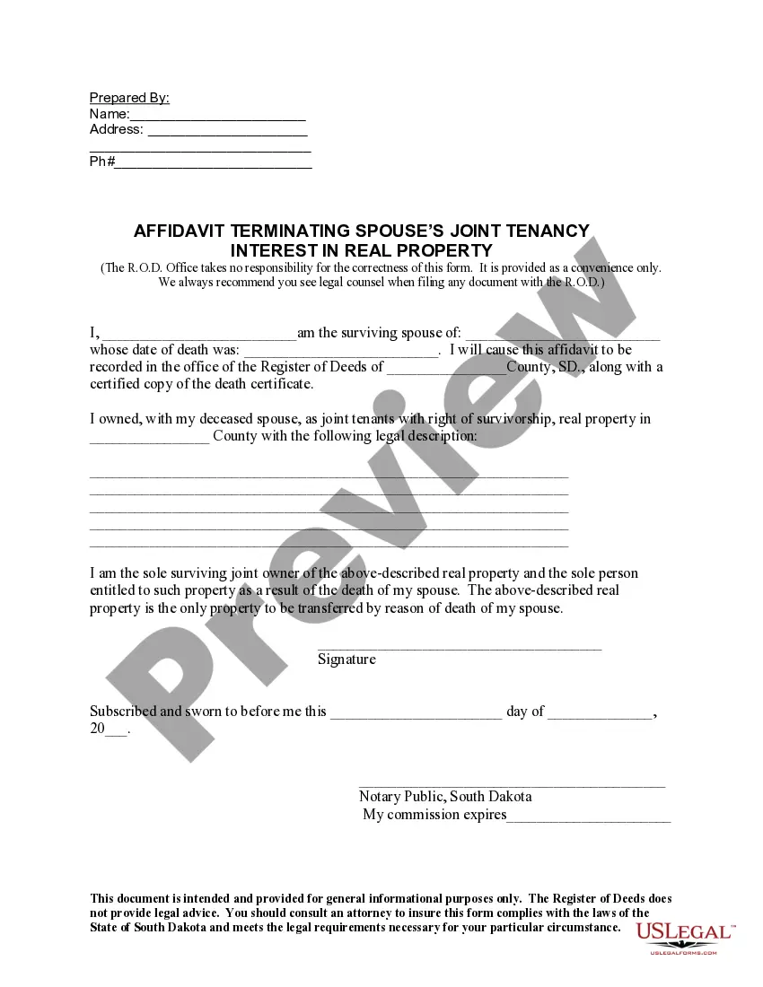Get Affidavit Terminating Spouse's Joint Tenancy Intrest in Real Property Preview Affidavit Terminating Spouse's Joint Tenancy Intrest in Real Property