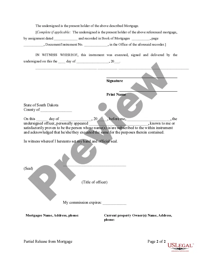 Preview Partial Release of Property From Mortgage by Individual Holder