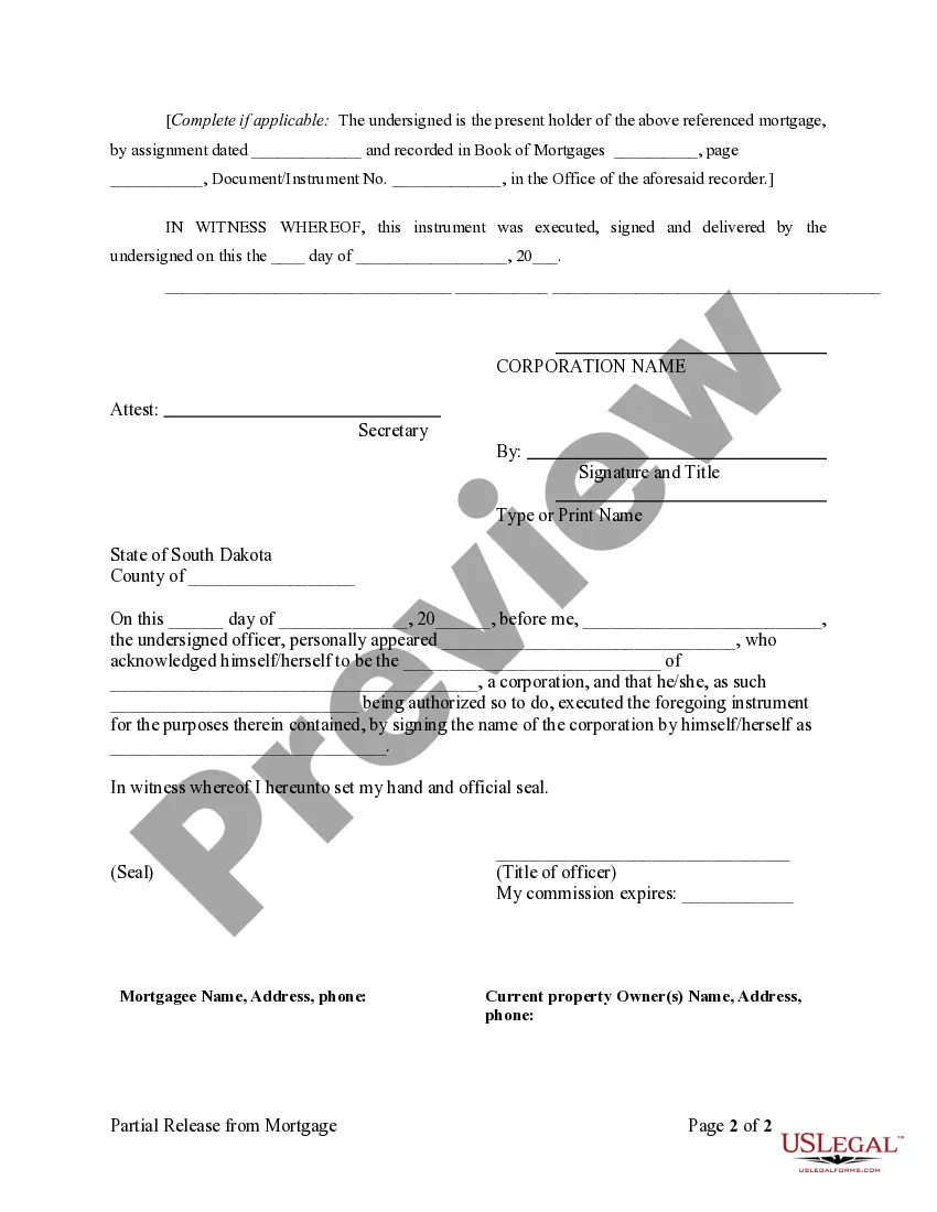 Preview Partial Release of Property From Mortgage for Corporation