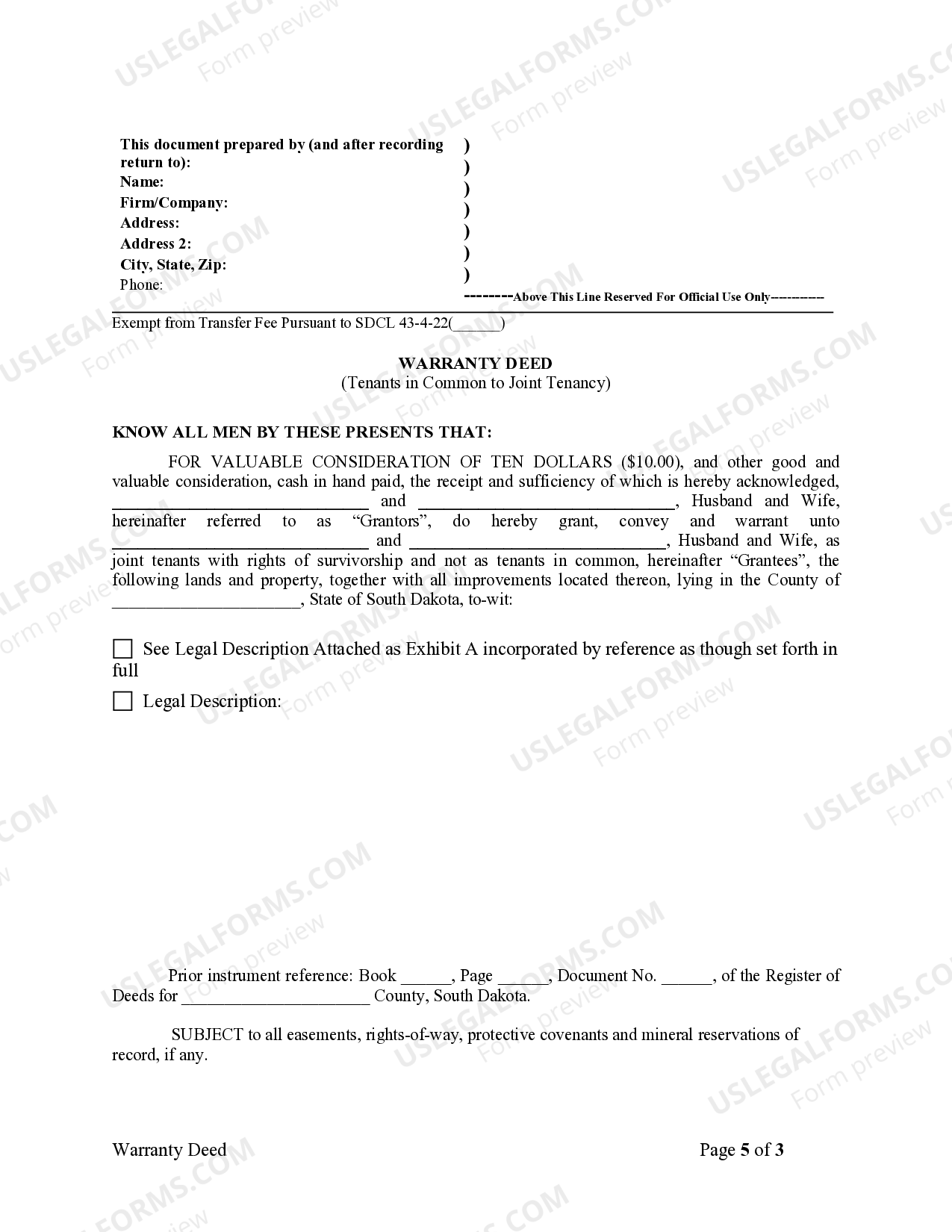 South Dakota Warranty Deed for Husband and Wife Converting Property