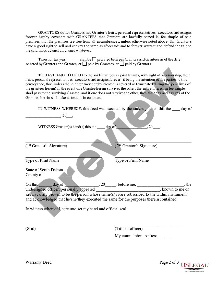 South Dakota Warranty Deed for Husband and Wife Converting Property ...