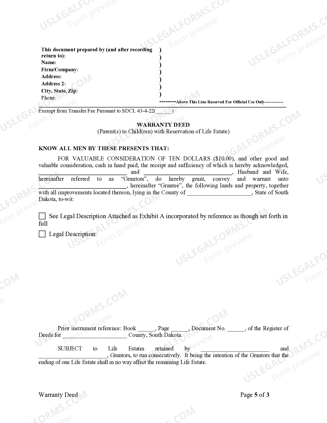 Life Estate Deed South Dakota Form US Legal Forms