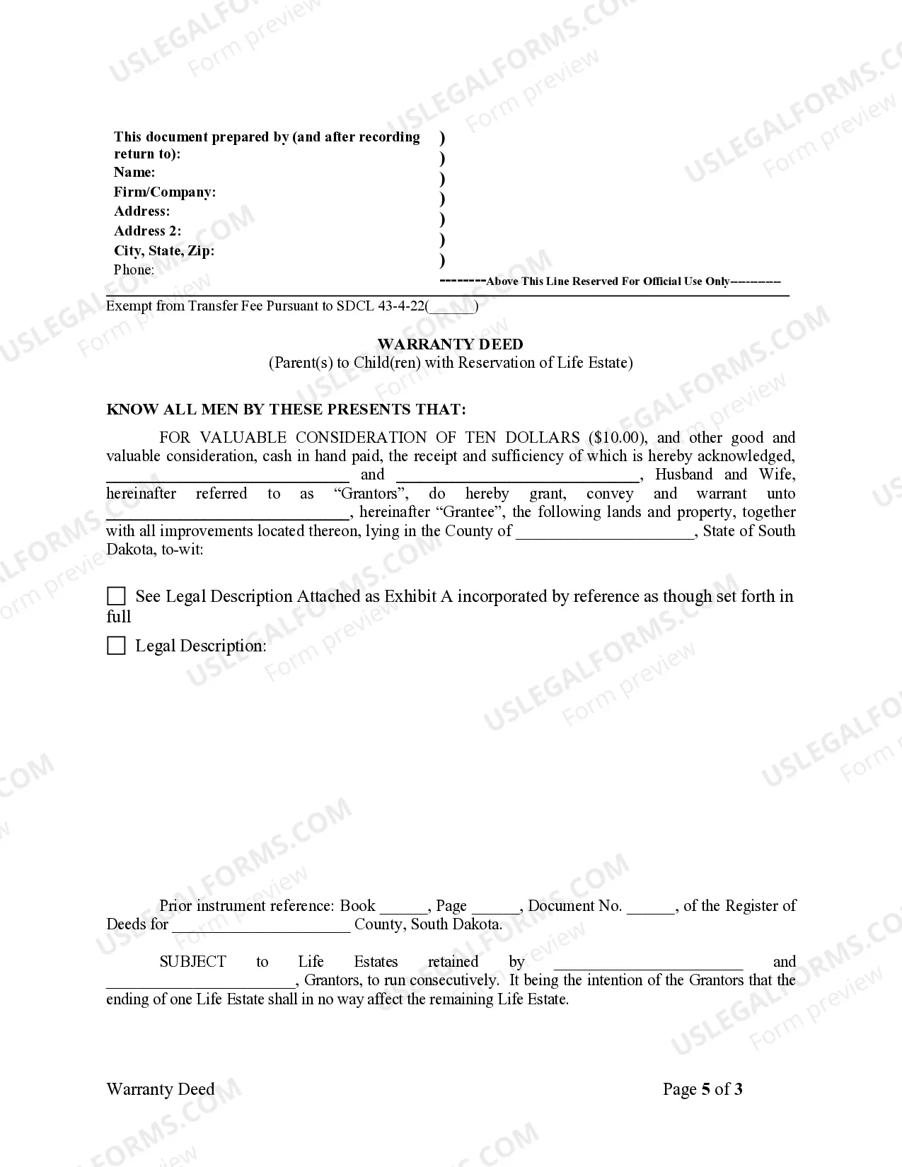 Preview Warranty Deed for Parents to Child with Reservation of Life Estate