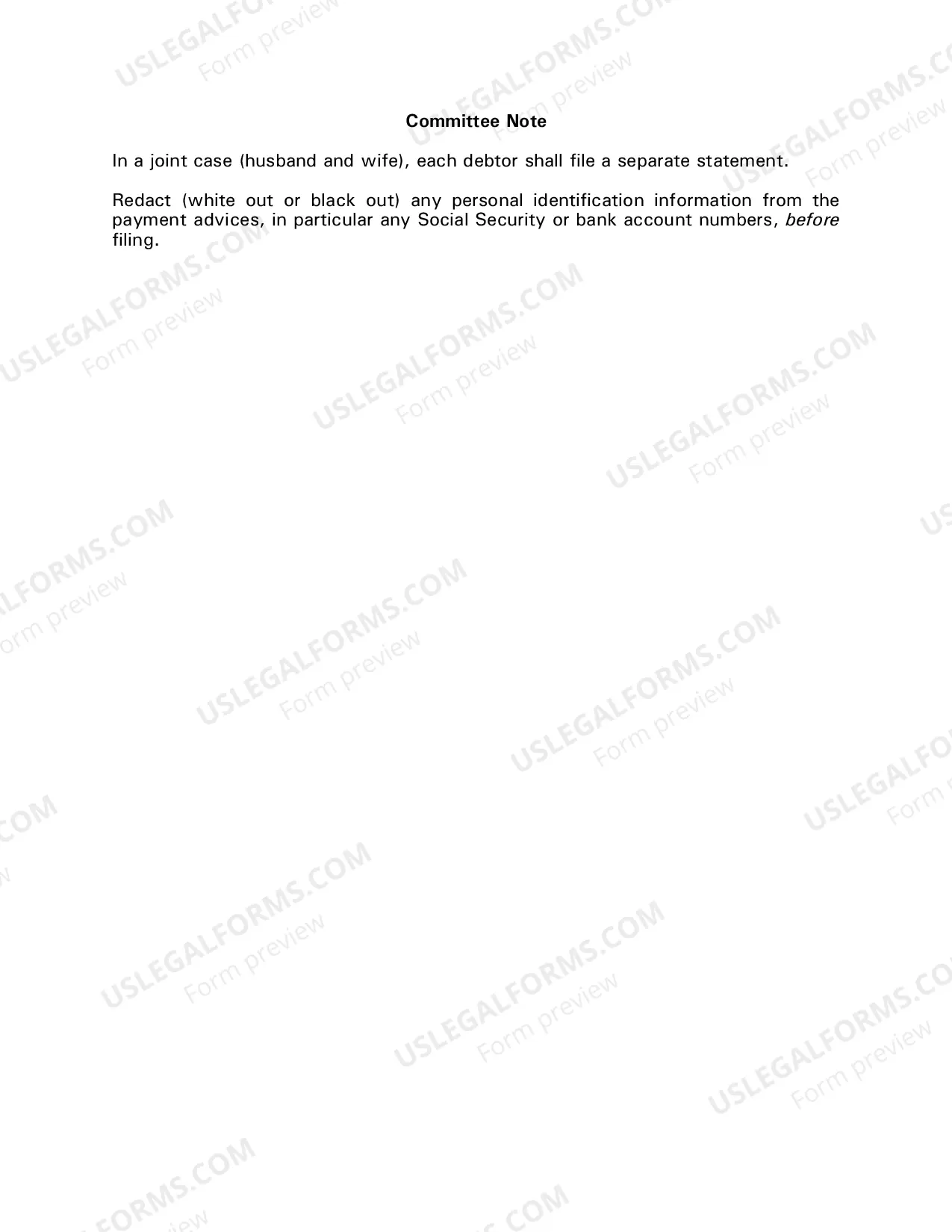 Preview Statement Regarding Payment Advices Pursuant To 11 U.S.C. section 521(a)(1)(B)(iv)