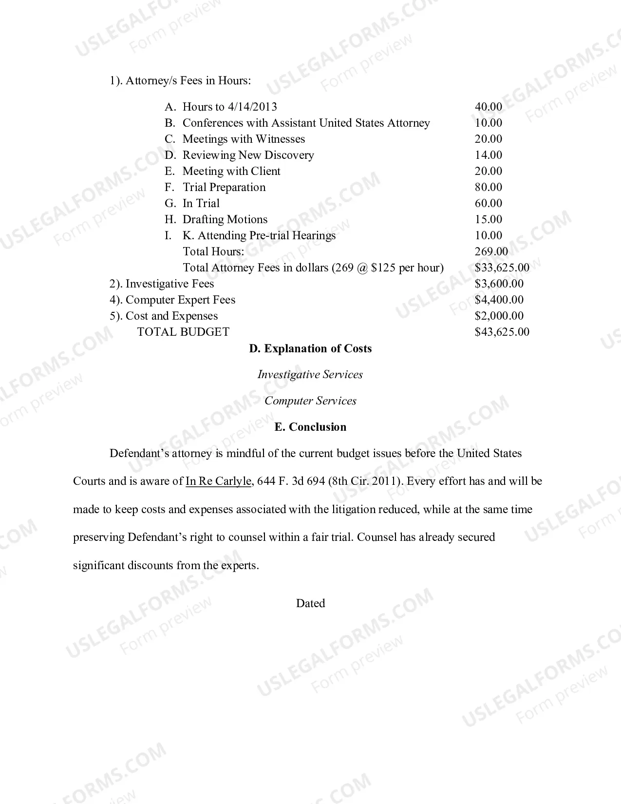 Preview Case Budget Worksheet And Proposal