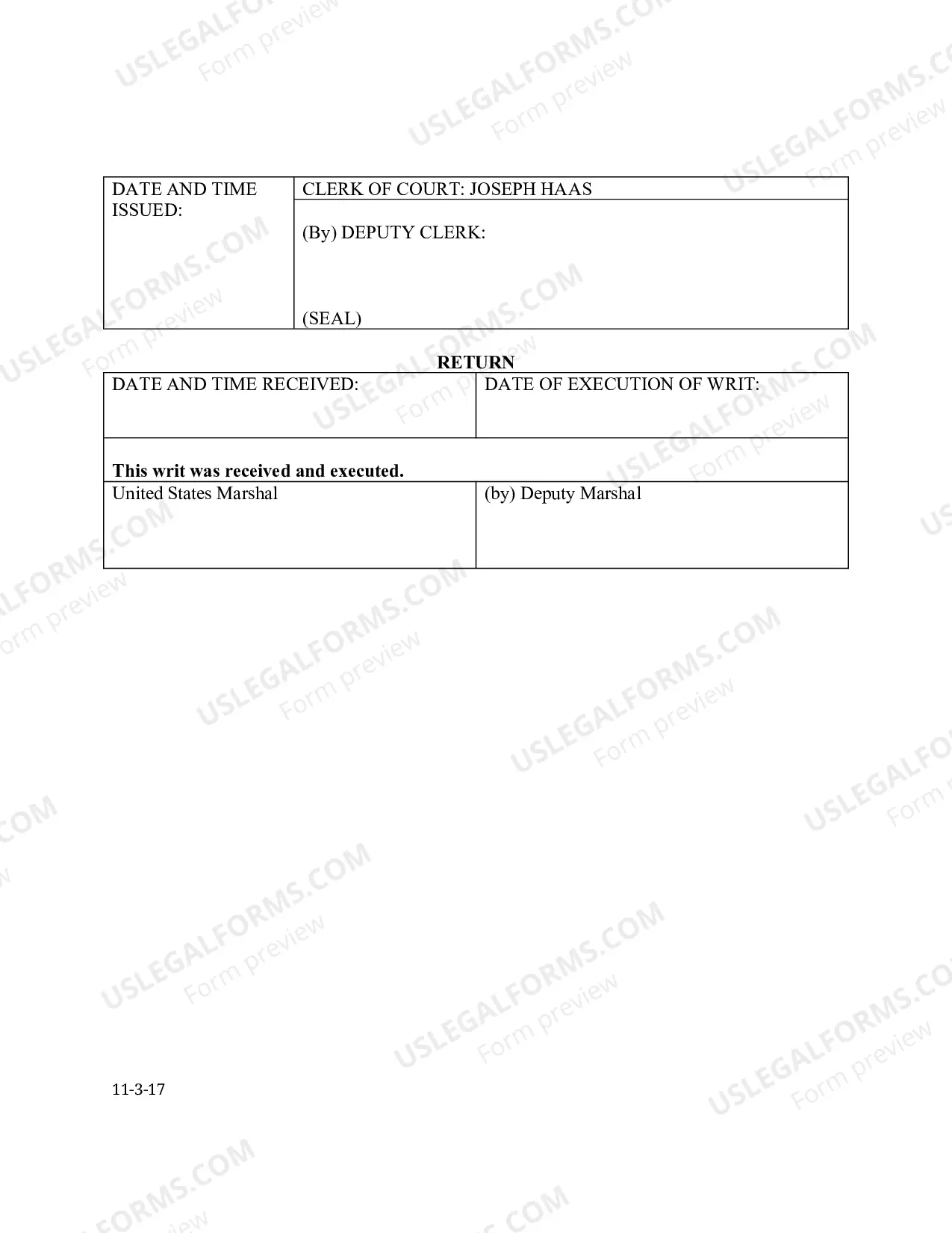 Preview Writ of Execution Form