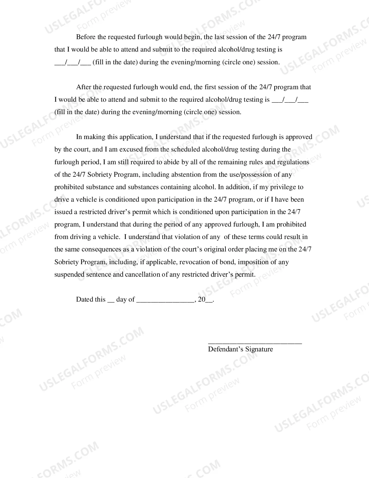 Preview Application for Furlough From 24-7 Program And Order