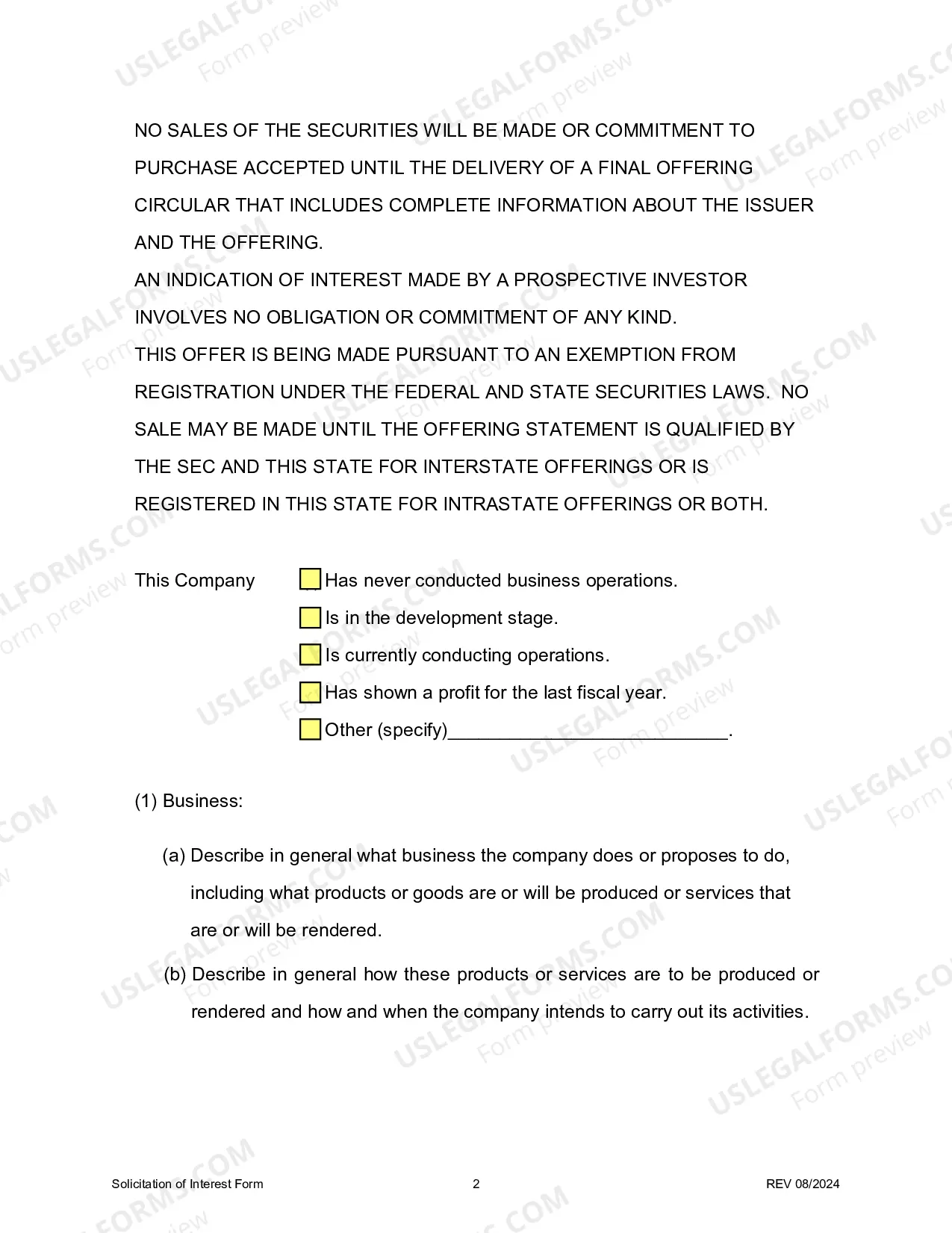 Preview Solicitation of Interest Form (Application for Testing Waters for Private Placements)
