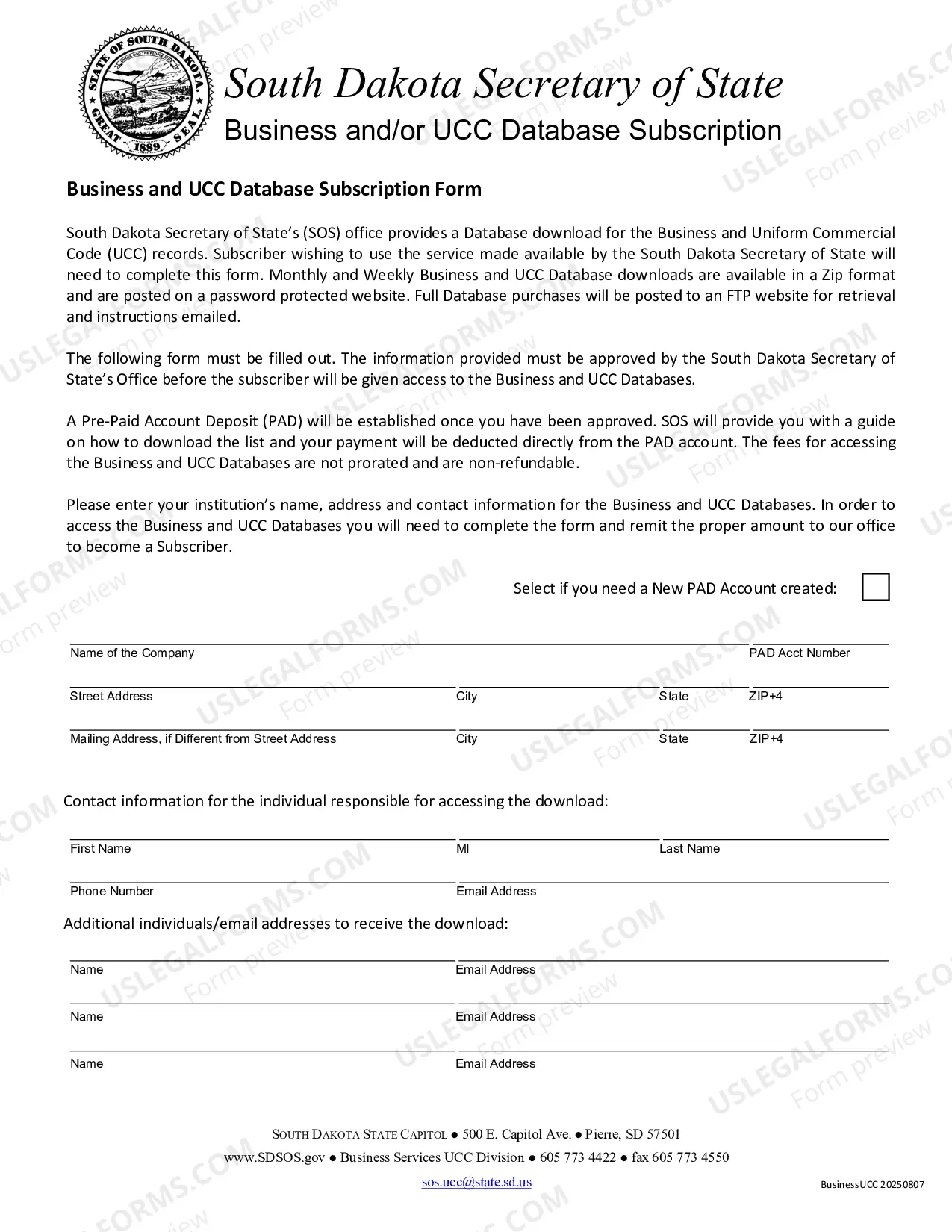 Preview Business Filings Database Subscription Form