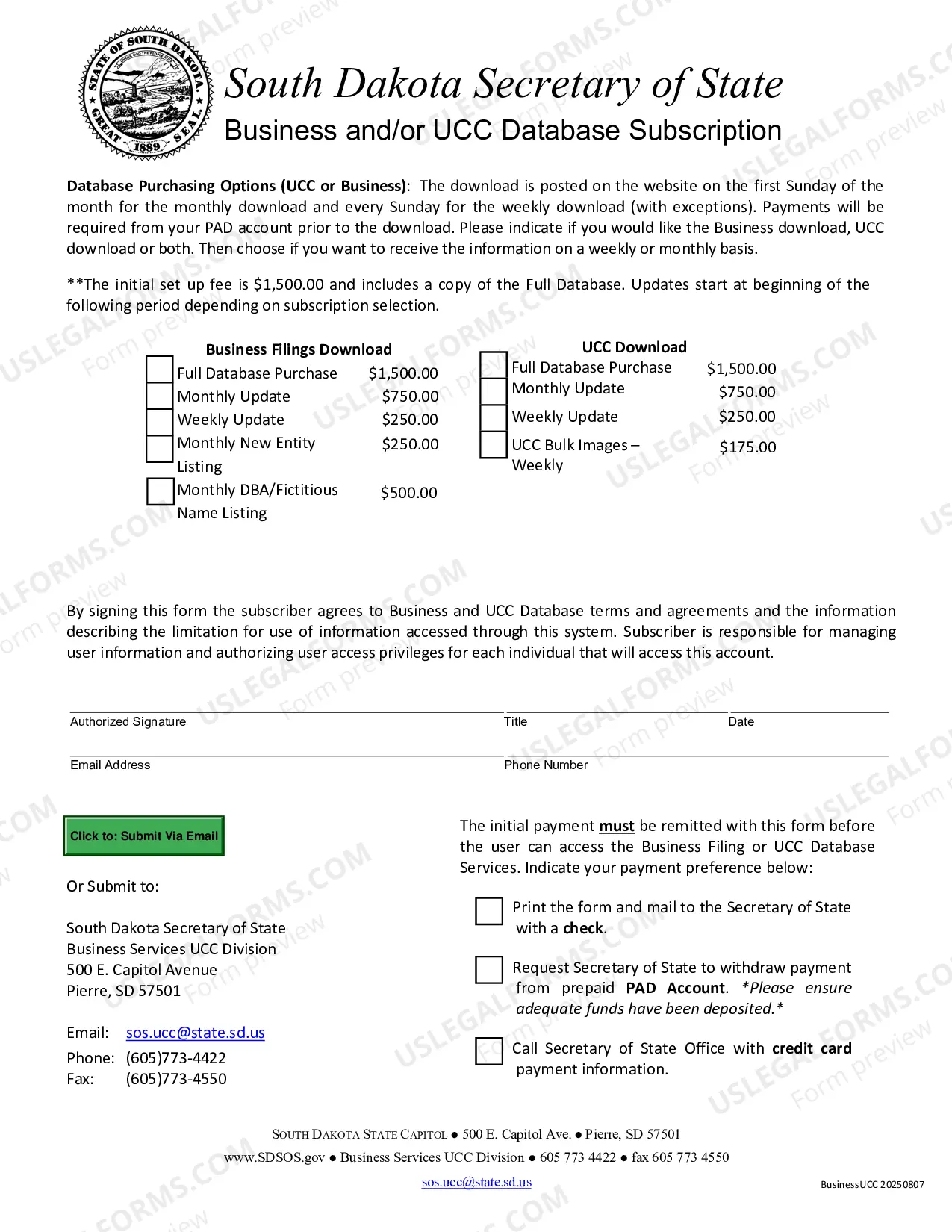 Preview Business Filings Database Subscription Form