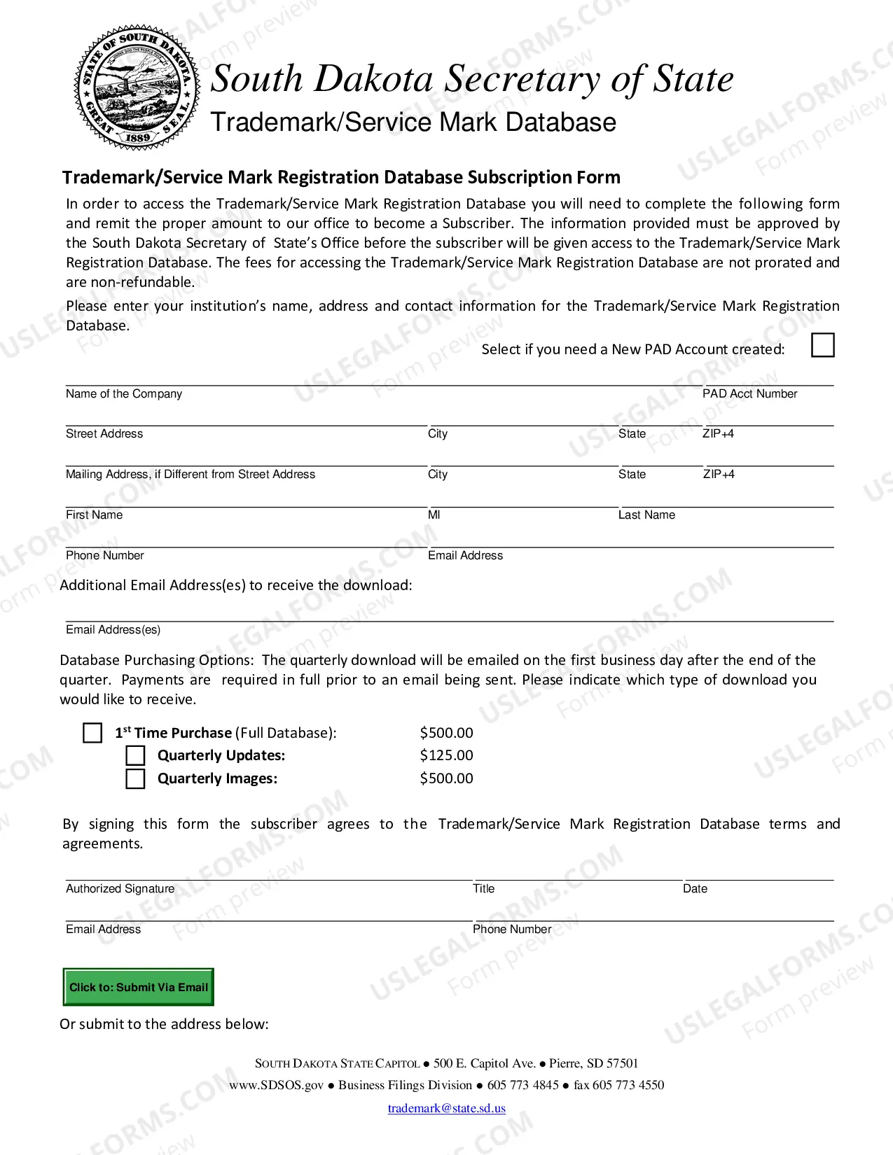 Preview Trademark / Service Mark Database Subscription Form