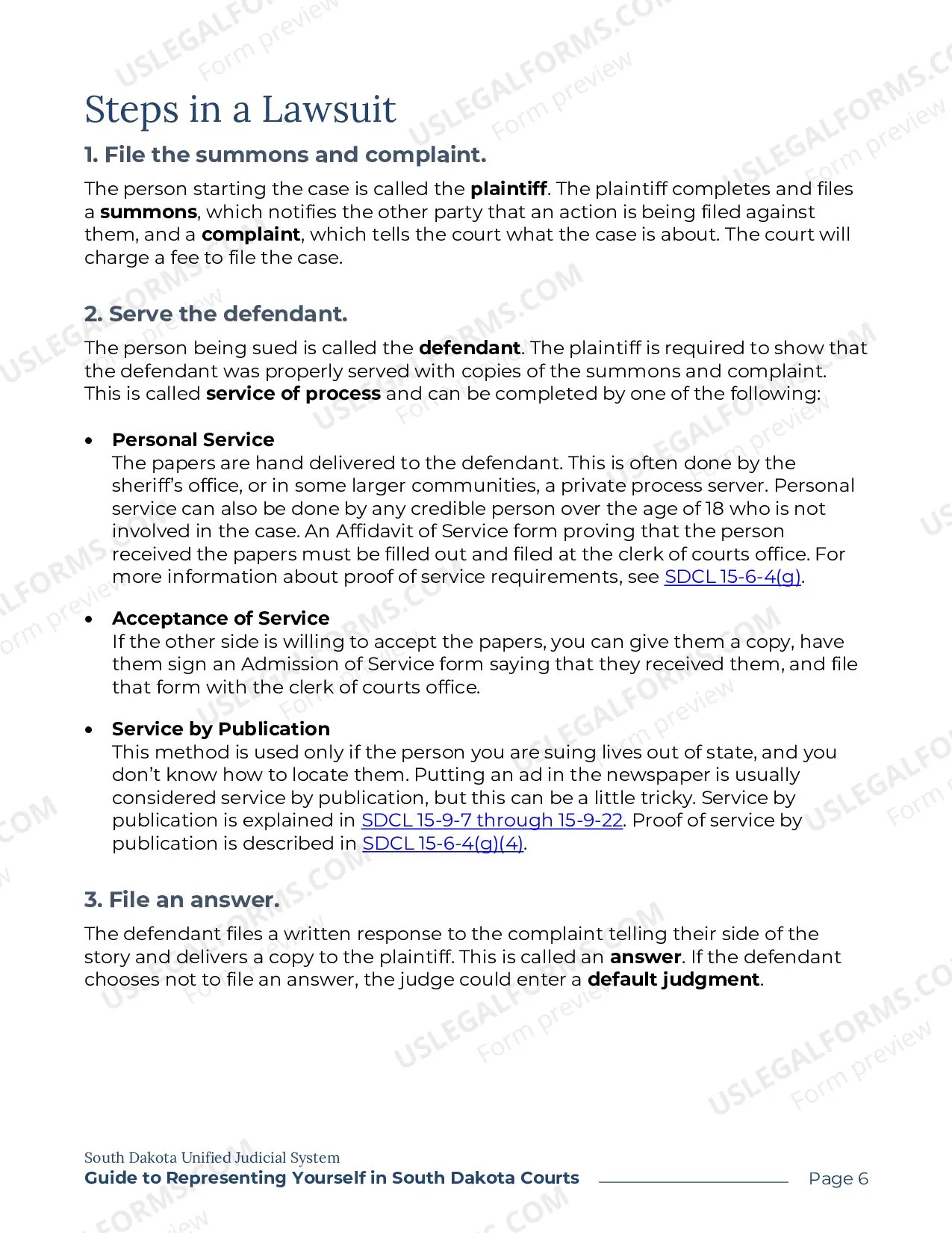 Preview UJS 300 - A Guide for Representing Yourself in SD Courts