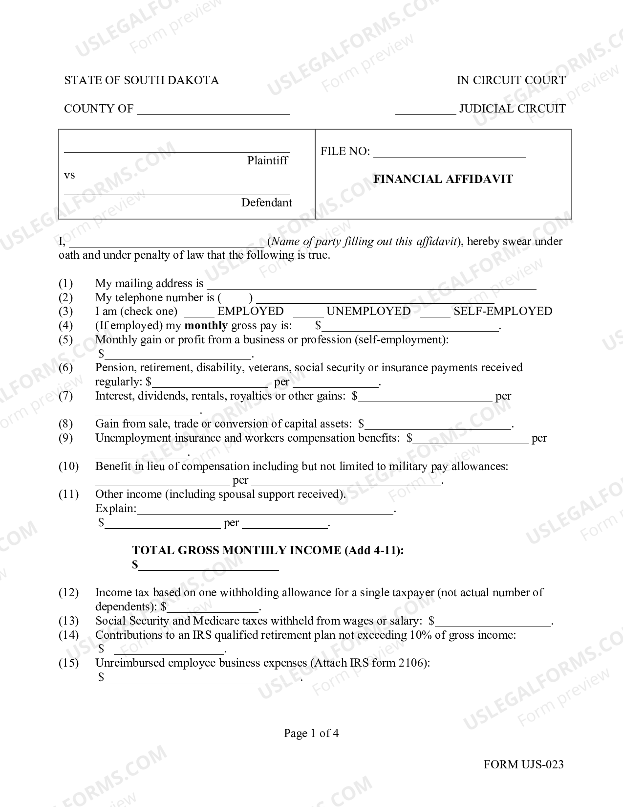 South Dakota Financial Affidavit without Minor Children US Legal Forms