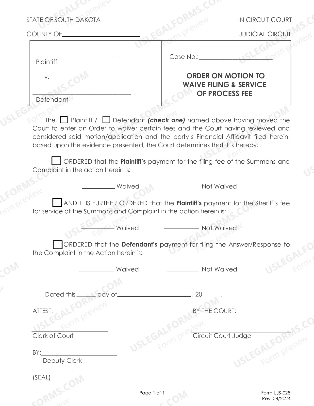 Preview Order Waiving Filing Fee and Service of Process