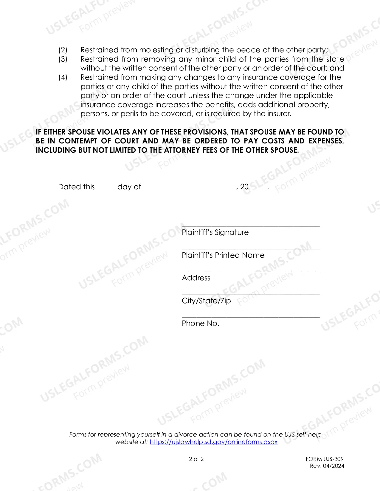 Preview Instructions for Summons and Form (without minor children)