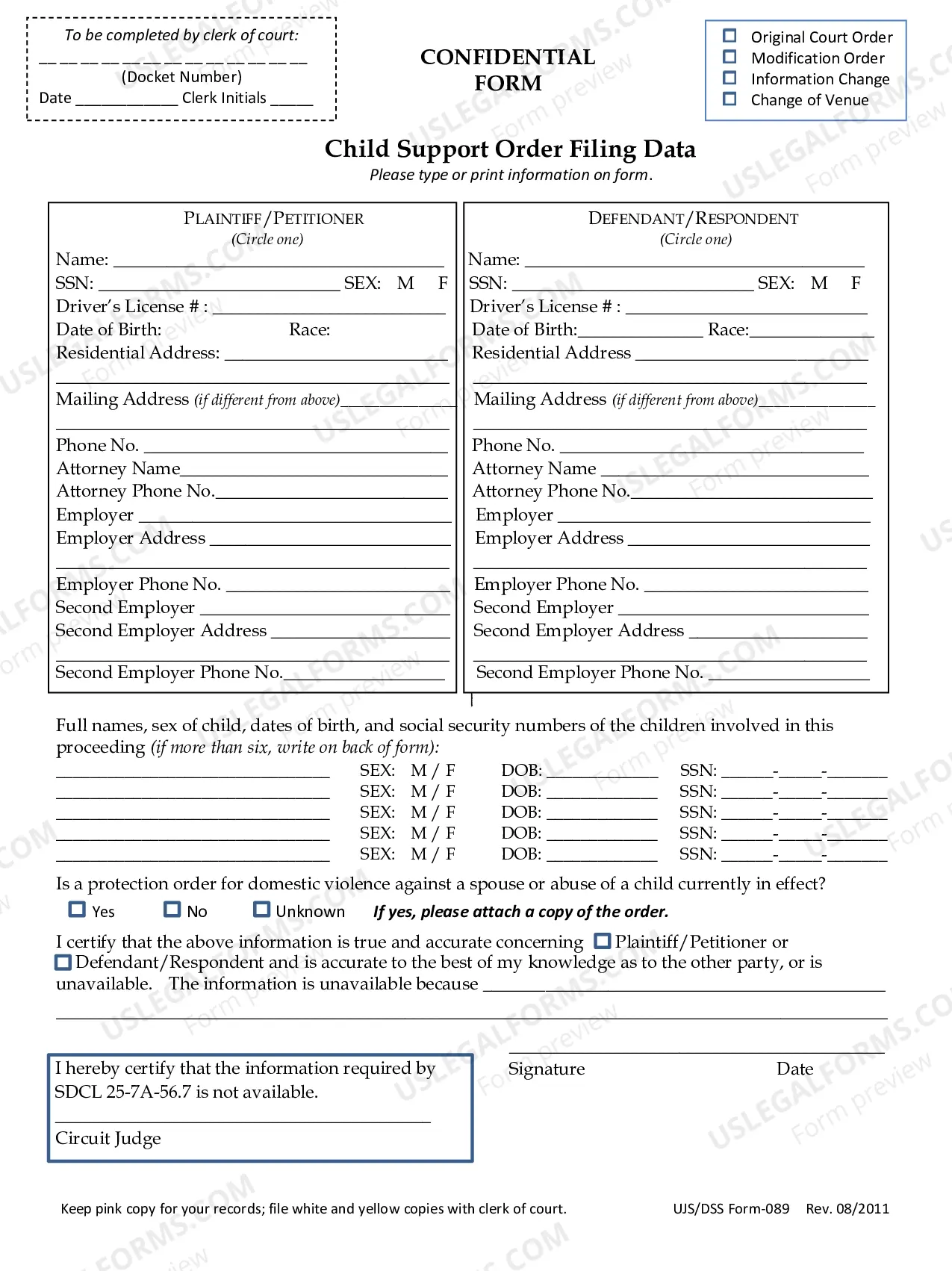 Preview Child Support Filing Data Form