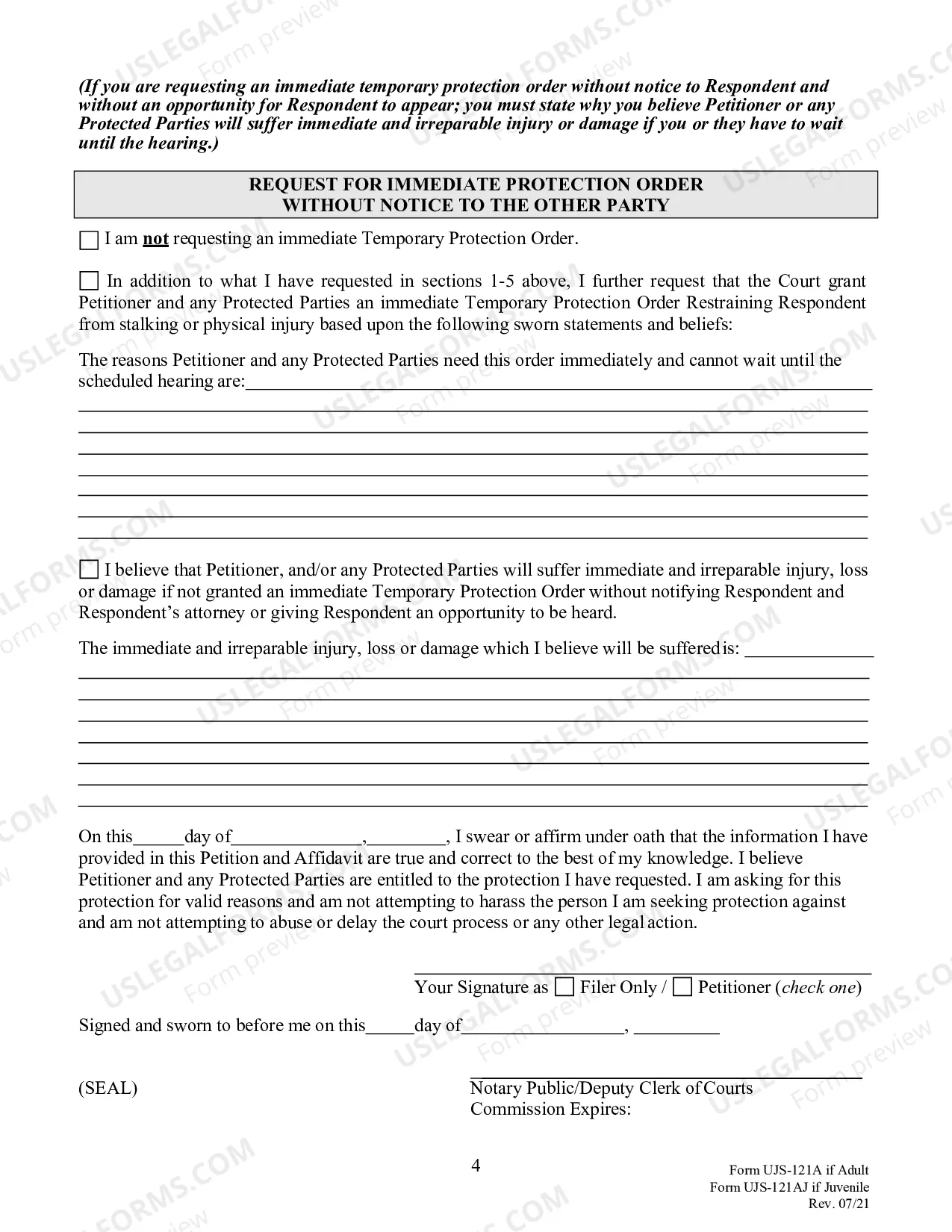 Preview Petition and Affidavit for Stalking Protection Order