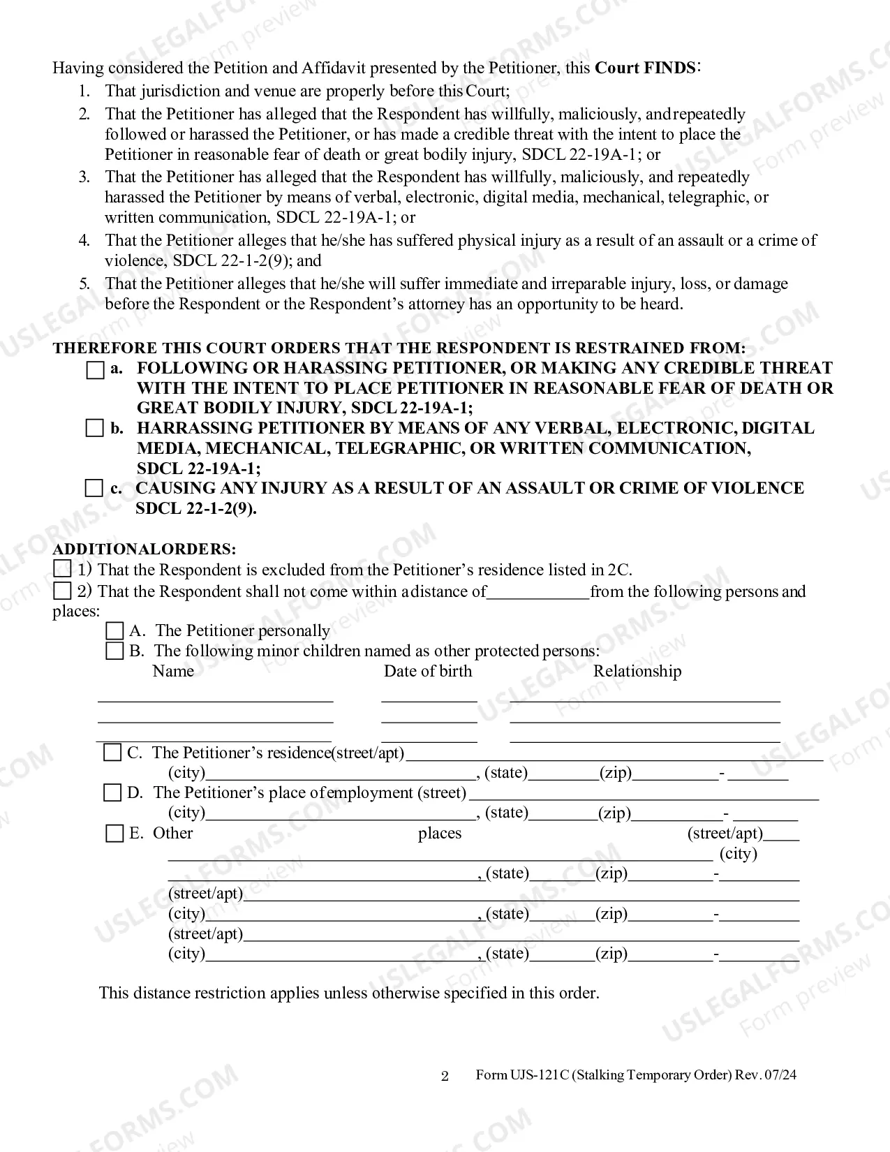 Preview Temporary Stalking Protection Order