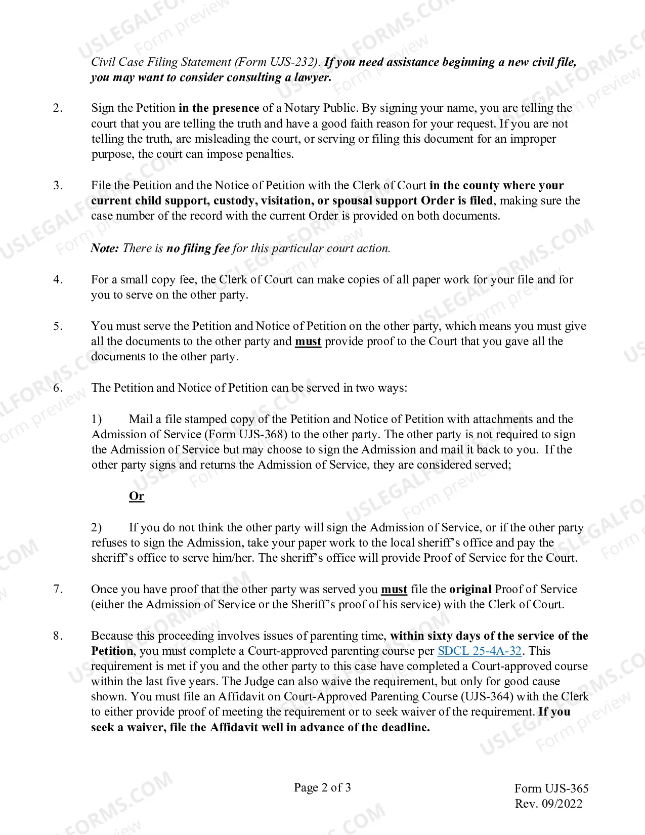 Preview Instructions for Implementing the South Dakota Parenting Time Guidelines