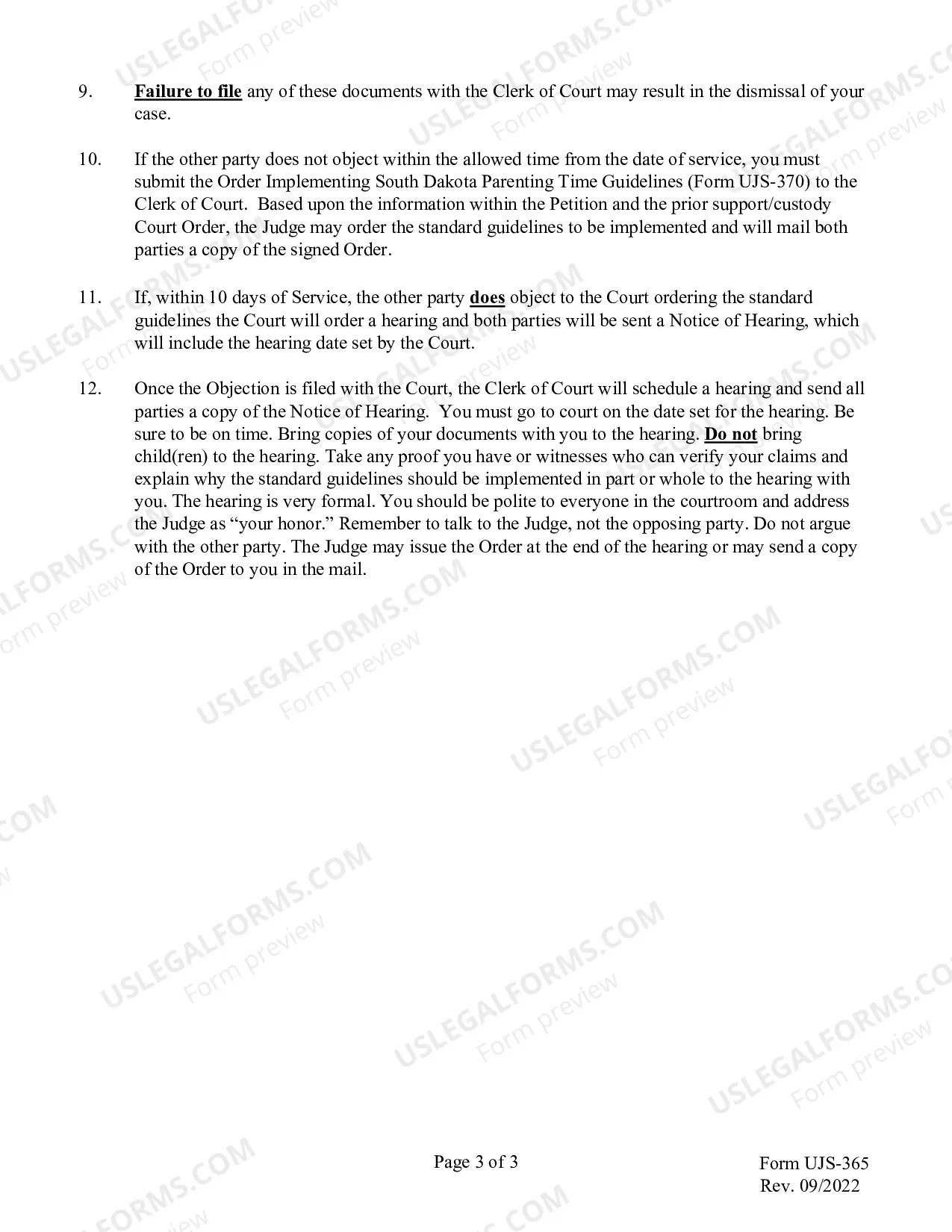 Preview Instructions for Implementing the South Dakota Parenting Time Guidelines
