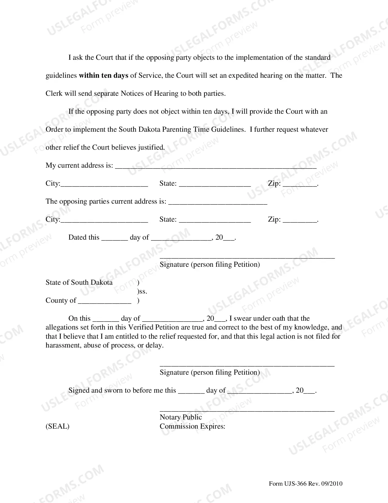 Preview Petition for Order Implementing Parenting Time Guidelines