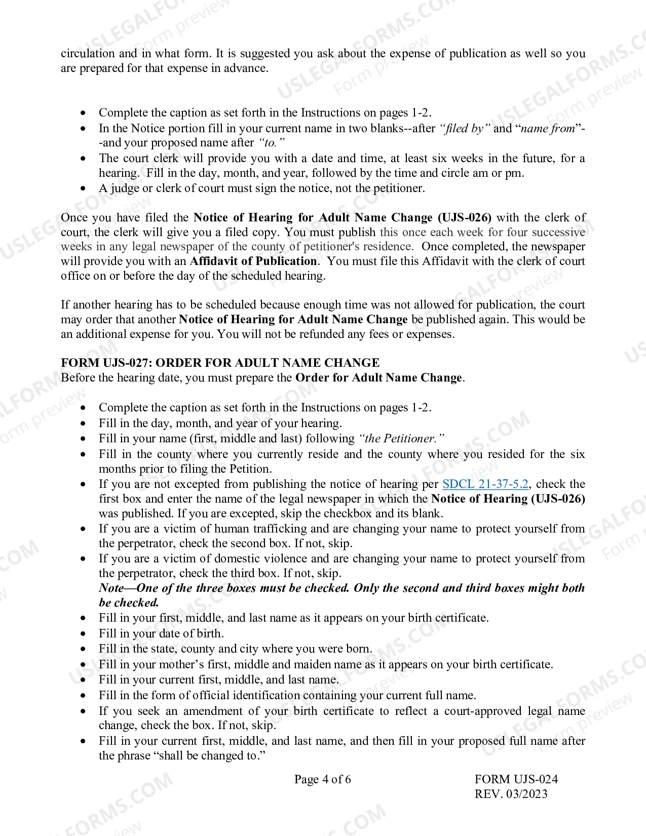 Preview Instructions for Adult Change of Name