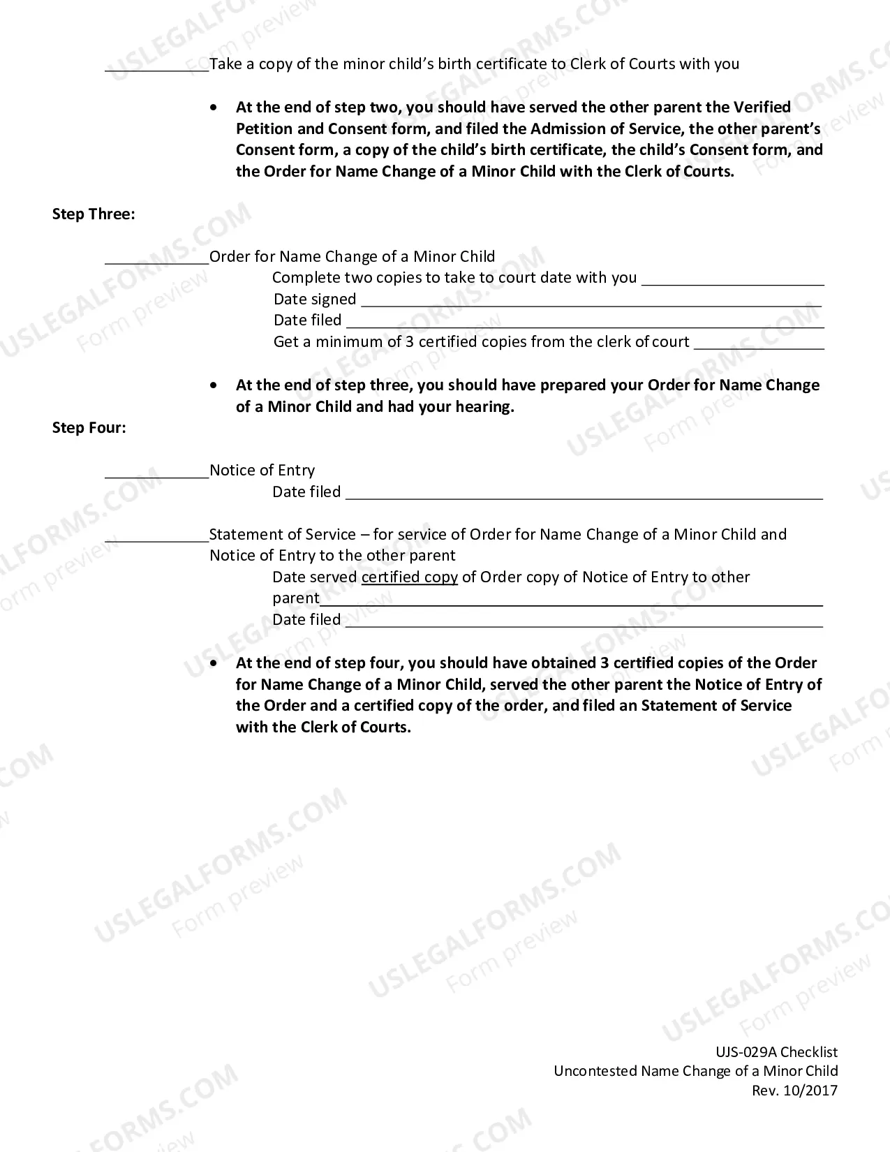 Preview Checklist for Minor Child Name Changes Only