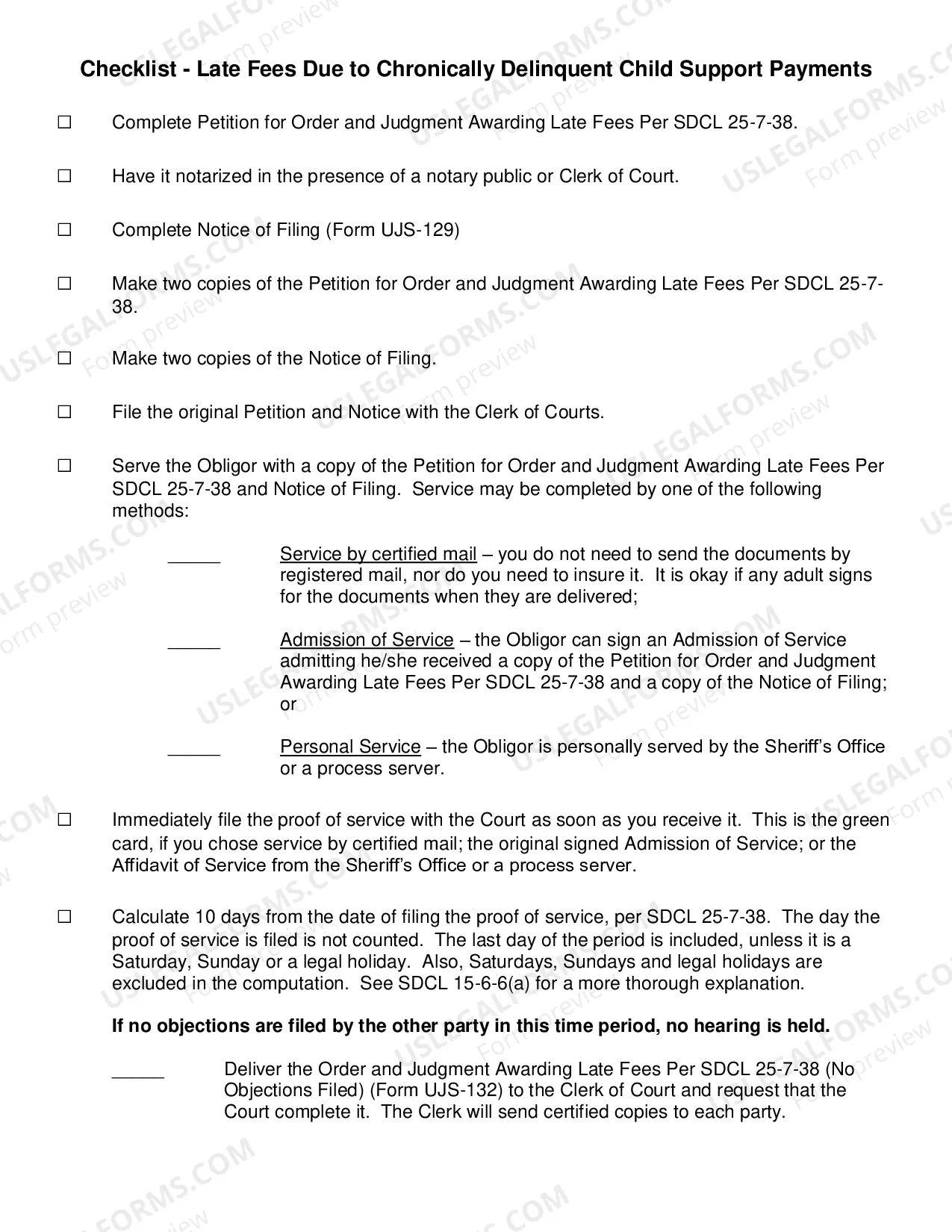 Preview Checklist - Late Fees Due to Chronically Delinquent Child Support Payments