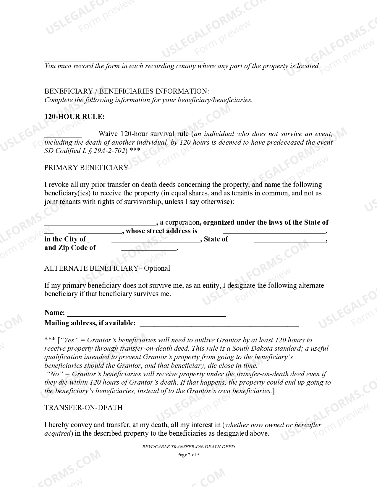 South Dakota Transfer on Death Deed or TOD - South Dakota Tod Deed | US ...