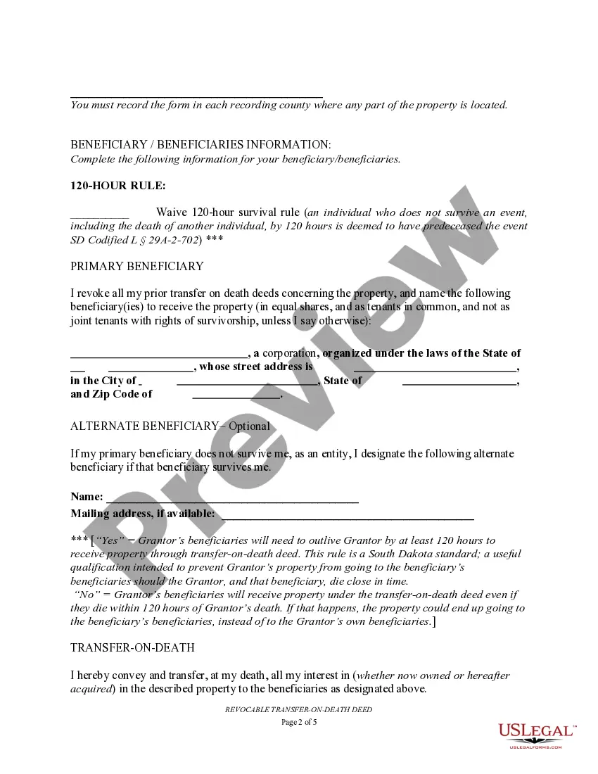 Preview Transfer on Death Deed or TOD - Beneficiary Deed for Individual to a Business Entity