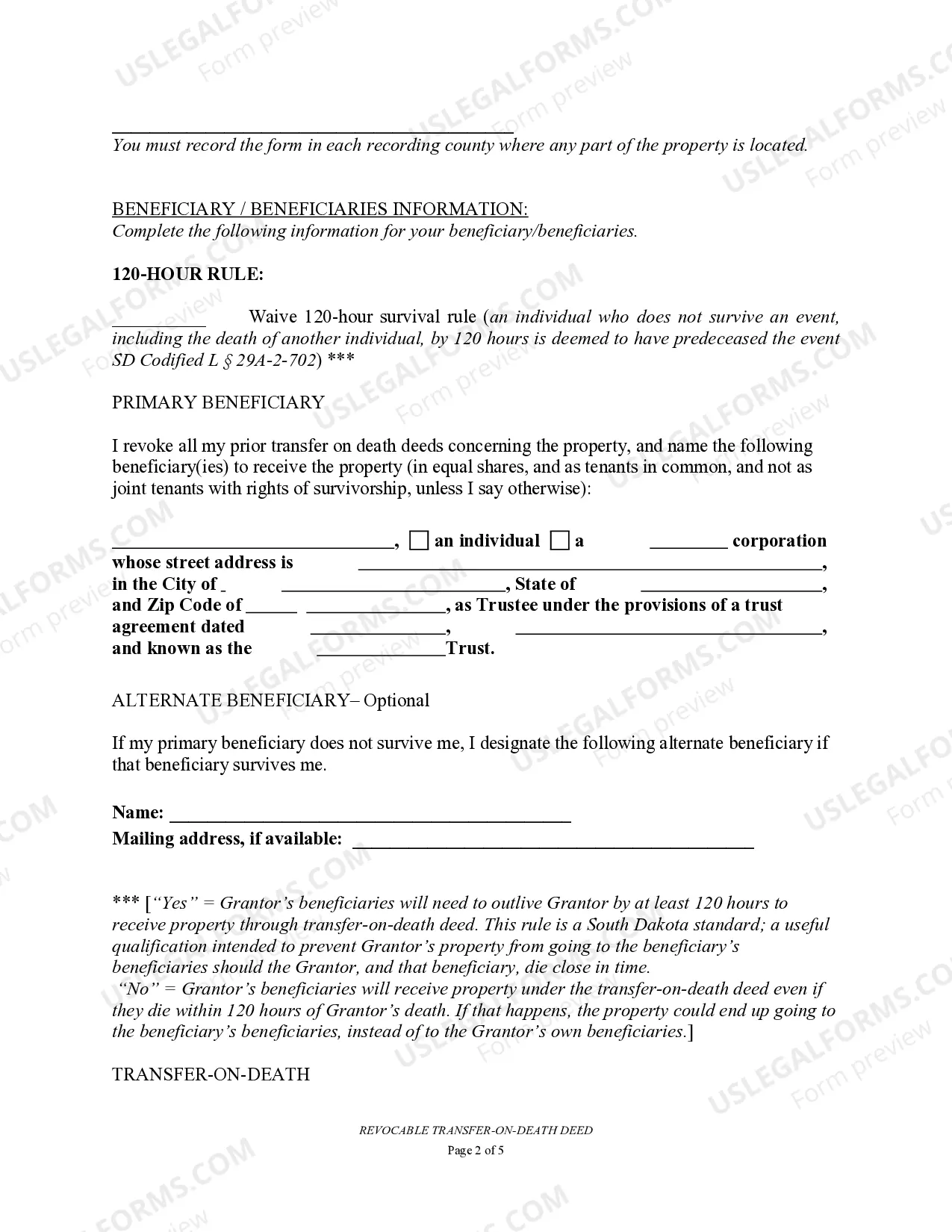 Preview Transfer on Death Deed or TOD - Beneficiary Deed for Individual to a Trust