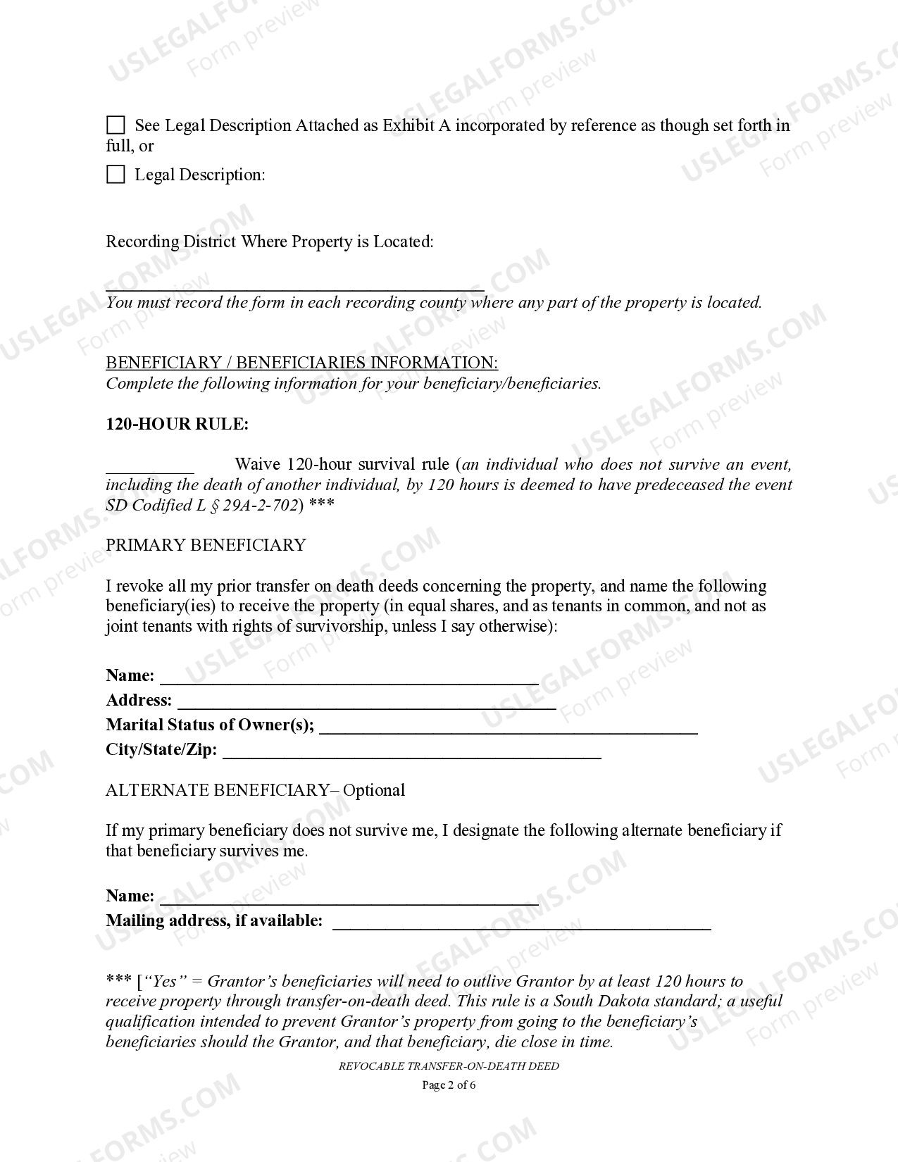 South Dakota Transfer on Death Deed or TOD - Beneficiary Deed for Two ...
