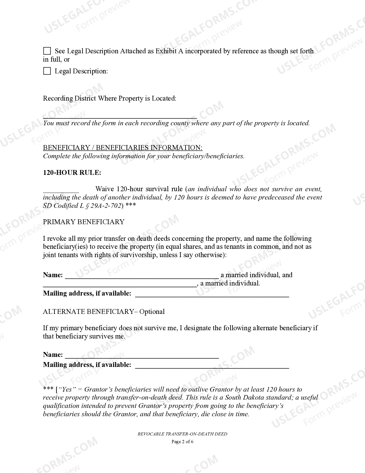 South Dakota Transfer on Death Deed or TOD - Beneficiary Deed for Two ...
