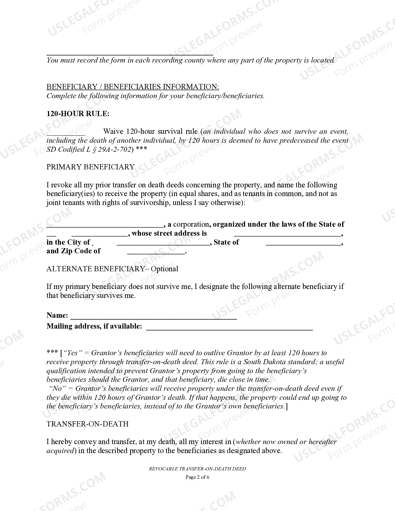 South Dakota Transfer on Death Deed or TOD - Beneficiary Deed for Two ...