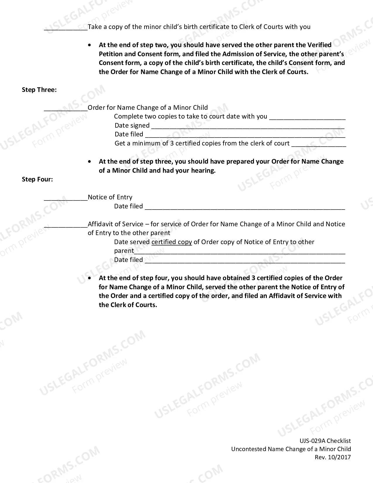 Preview Checklist for Minor Child Name Changes