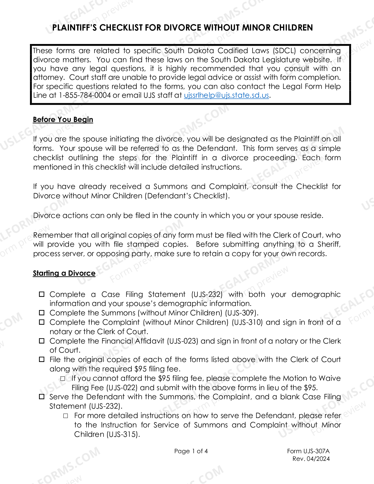 South Dakota Checklist for SelfRepresented Divorce US Legal Forms