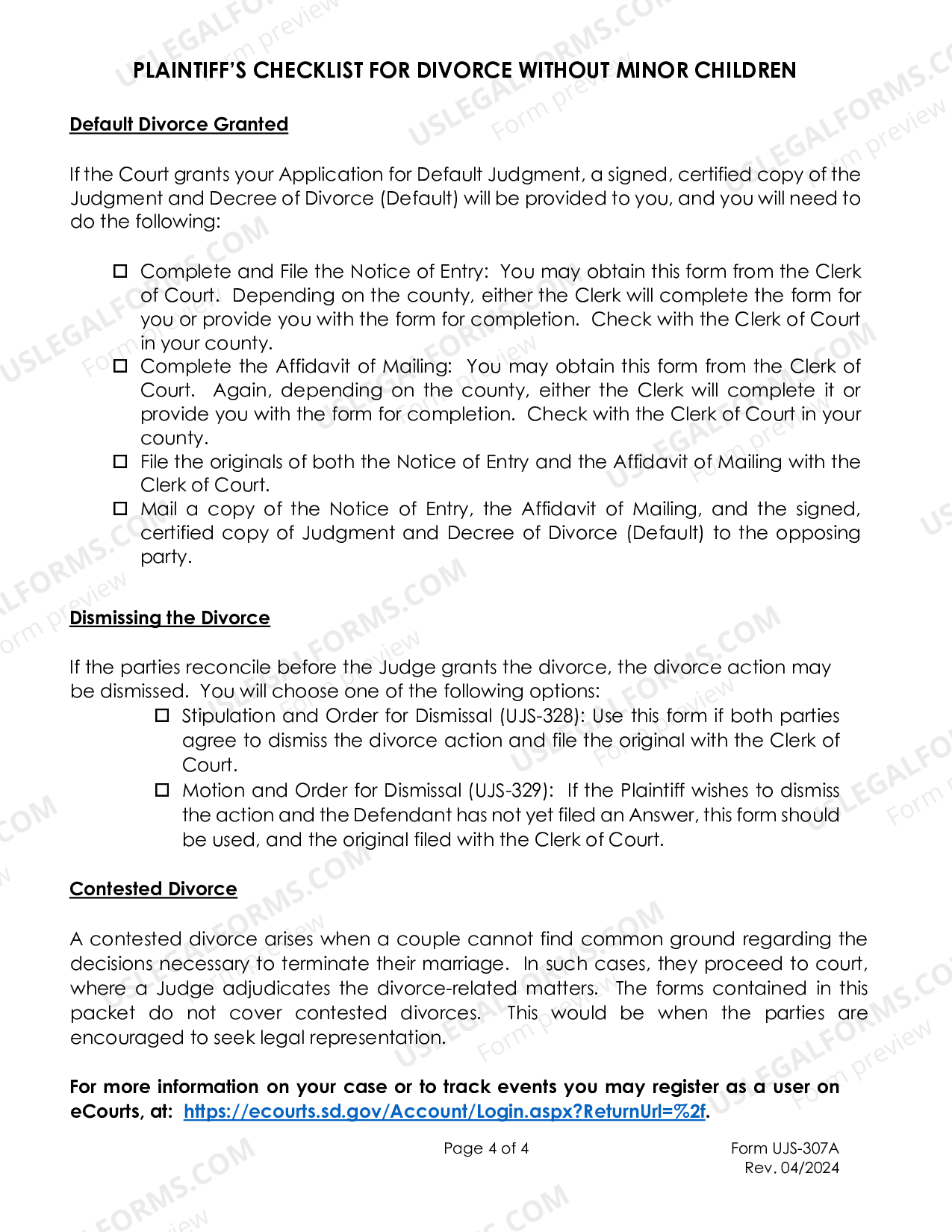 South Dakota Checklist for SelfRepresented Divorce US Legal Forms